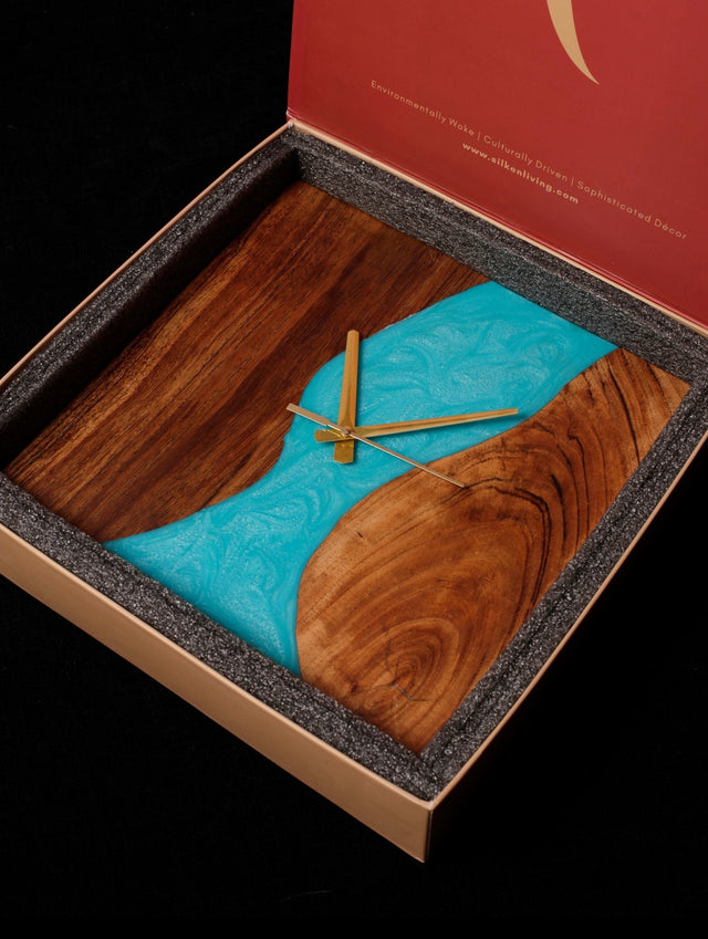 Crystal Seas Wood - Epoxy Wall Clock (Square) - Silken
