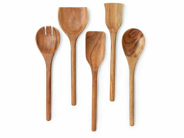 Acacia Wood Serving Spoons - Set of 5 Spatulas
