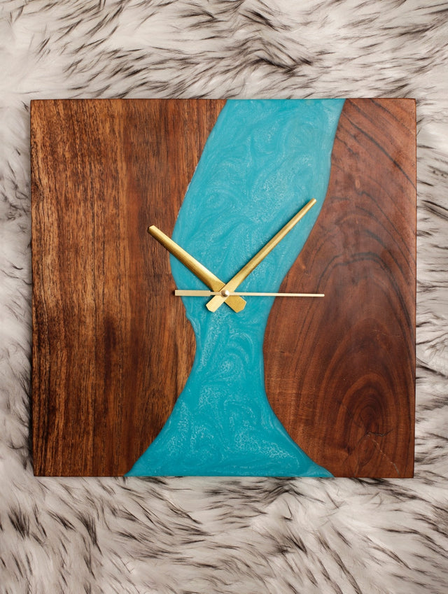 Crystal Seas Wood - Epoxy Wall Clock (Square) - Silken