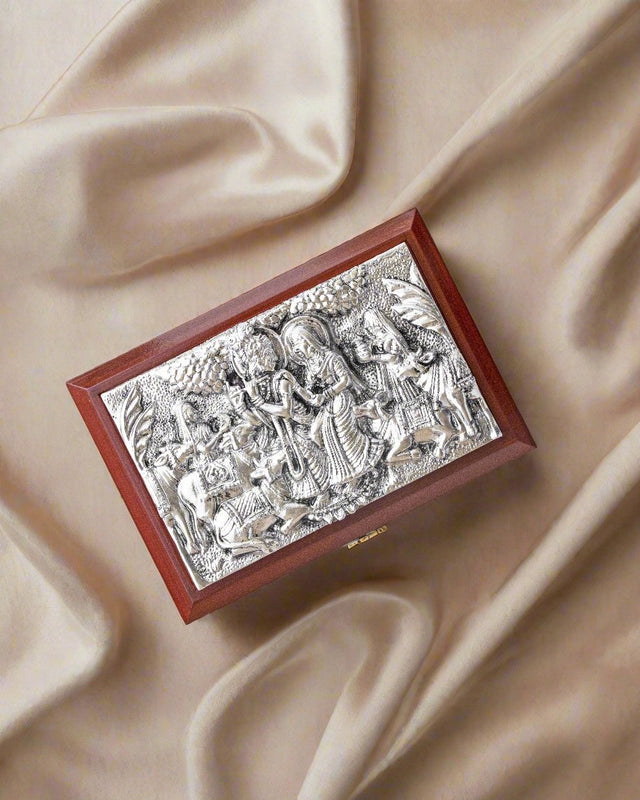 Silver Radha Krishna Handcrafted Wooden Box - Silken