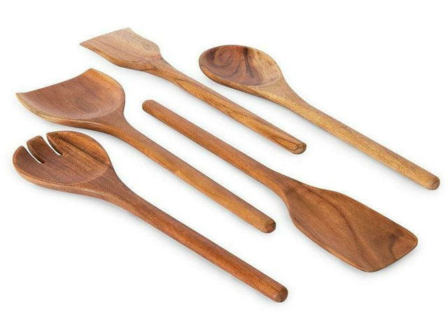 Acacia Wood Serving Spoons - Set of 5 Spatulas